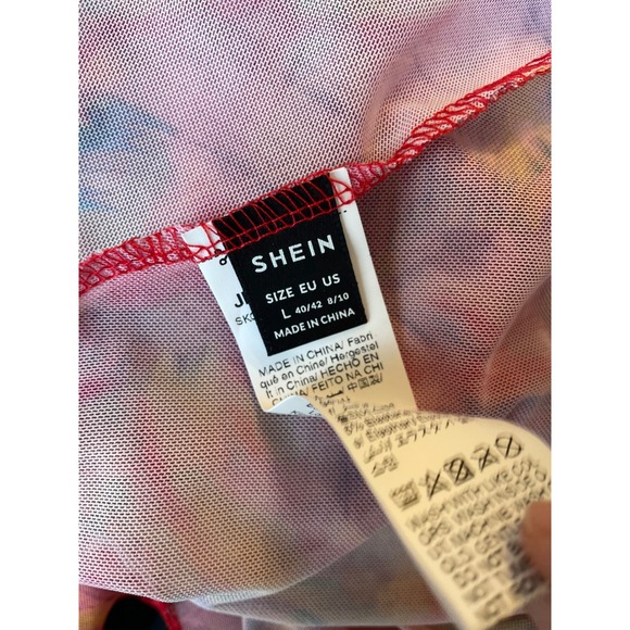 Pink Printed Sheer Mesh Flare Sleeve Fairy Babydoll Top Shein Size L - Picture 7 of 7